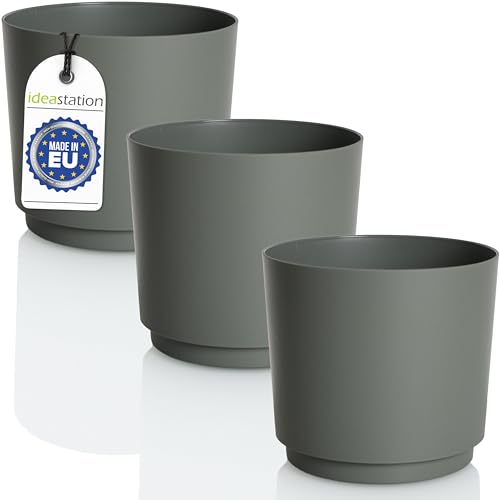 idea-station MATA Blumentopf Set 3 x 17.5 cm - 2.5 Liter - grün-grau - bruchsichere Blumentöpfe aus Plastik für verschiedenste Pflanzen, Blumen - Matte Übertöpfe für innen und außen von idea-station