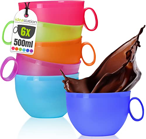 idea-station NEO Kunststoff Kaffeetassen 6 x 500 ml - bunt - bruchsicheres XXL-Tassen Set für Kinder und Senioren - ideale Camping Tasse 500ml mit Henkel von idea-station