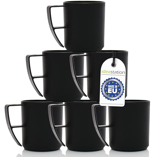 idea-station Plastik Camping Tassen Set 6 x 350 ml - schwarz matt - bruchsichere Kaffeetassen aus Kunststoff - ideale Plastiktassen mit Henkel für unterwegs von idea-station