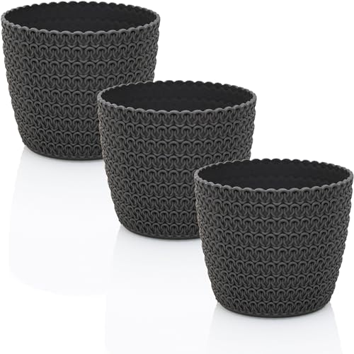 idea-station RIBA Blumentopf Set 3 x 14 cm - anthrazit - bruchsichere Blumentöpfe aus Plastik für verschiedenste Pflanzen, Blumen - Matte Übertöpfe für innen und außen von idea-station