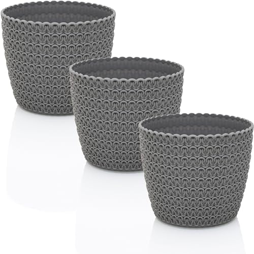 idea-station RIBA Blumentopf Set 3 x 14 cm - grau - bruchsichere Blumentöpfe aus Plastik für verschiedenste Pflanzen, Blumen - Matte Übertöpfe für innen und außen von idea-station