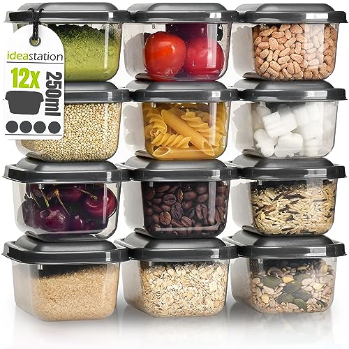 idea-station Vorratsdosen mit Deckel 12 x 250 ml - anthrazit - stapelbares Frischhaltedosen Set - perfekt als Snackbox für Kinder oder Gefrierdosen einsetzbar von idea-station