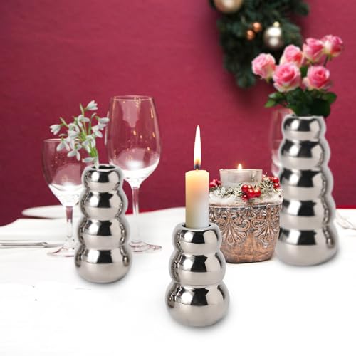 3-teiliges silberfarbenes Keramikvasen-Set mit kleinen Knospenvasen, moderne gewellte Vase, silberner Kerzenhalter, Heimdekoration für luxuriöse Tischaufsätze, Couchtisch, Büro, Regal, Esstisch, von idestc