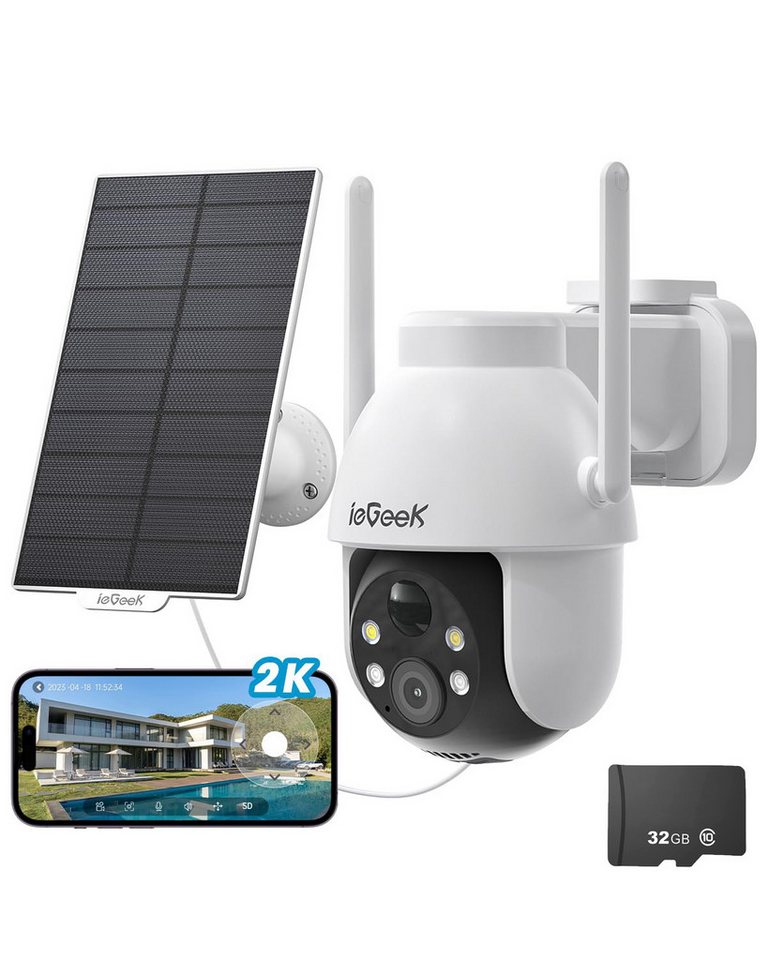 ieGeek 2K 3MP HD Überwachungskamera Aussen Akku Solar Kabellose WLAN Überwachungskamera (Aussen, Außenbereich, außen, PIR-Bewegungserkennung und Alexa-kompatibel, Farbige Nachtsicht, 2-Wege-Audio, Cloud/SD Storage, IP65 wasserdicht,4-fachen Digitalzoom, unterstützt 24/7-Aufnahme, 4 Bildschirme gleichzeitig anzeigen) von ieGeek