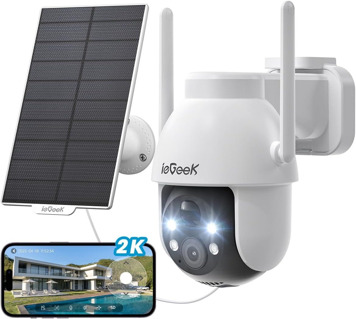 ieGeek 2K 3MP HD Überwachungskamera Aussen Solar 360° PTZ 2.4GHz WLAN Überwachungskamera (Aussen, Außenbereich, 360° PTZ Überwachungskamera Aussen Akku,Farb-Nachtsicht, 1-tlg., mit PIR Bewegungsmelder,2-Wege-Audio, Cloud/SD Storage, IP65, unterstützt 24/7-Aufnahme, 4 Facher Zoom) von ieGeek