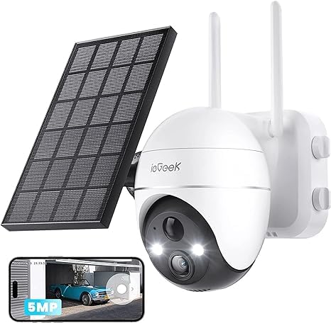 ieGeek 5MP Überwachungskamera Aussen Akku, PTZ Überwachungskamera Aussen WLAN mit Solarpanel,PIR-Bewegungsmelder, 30M Farbige Nachtsicht, Zwei-Wege-Audio, 2.4GHZ WiFi, 4DBi WLAN-Antenne-Weiß von ieGeek