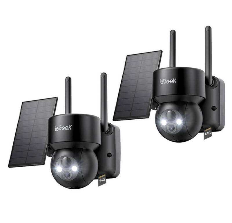 ieGeek Überwachungskamera 2 Stück Überwachungskamera Aussen Akku Solar 2K WLAN mit 64G Karte (Aussen, Außenbereich, außen, 355°/120° Pan Tilt 2.4GHz Kamera mit Humanoiderkennung/PIR-Erkennung, 1-tlg., Farb-Nachtsicht,2-Wege-Audio,Intelligente Erkennung/sofortiger Alarm, 4dBi Dual-WiFi-Antennen,Mit der Familie teilen,4 x Ditigal Zoom) von ieGeek