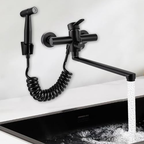 Wasserhahn Küche Wandmontage, 360° Drehbare Edelstahl Wasserhahn Küche Wandarmatur, Wasserhahn Küche Wandmontage, Kalt und Heiß Einhebelmischer Küchenarmatur Wandmontage,Schwenkarm 35cm Schwarz von ieLsngai