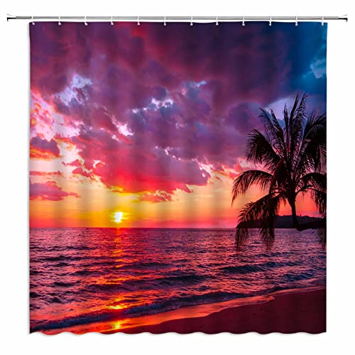 ieroayol Ozean Sonnenuntergang Duschvorhang Orange Lila Strand Tropische Hawaii Palme Blatt Nautische Sonnenaufgang Küste Himmel Meereswelle Natur Landschaft Sommer Stoff Badevorhang mit Haken von ieroayol