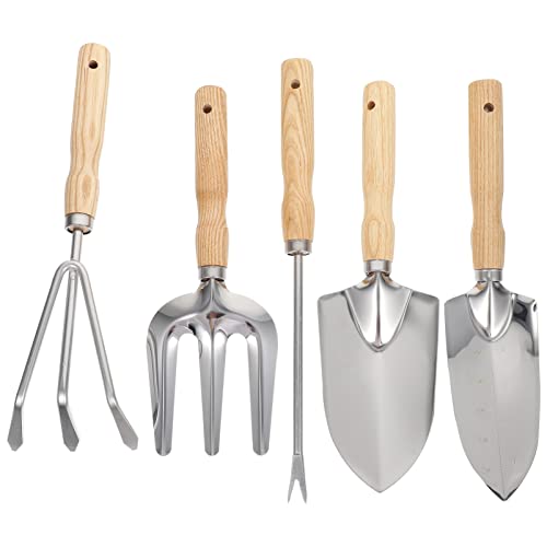 ifundom 5 Stück Teiliges Gartenwerkzeug Set mit Holzgriff Rostfreie Hacke Pflanzschaufel und Rechen Leichtes Tragbares Multifunktions Set für Pflanzen Unkrautentfernung und Bonsai Pflege von ifundom