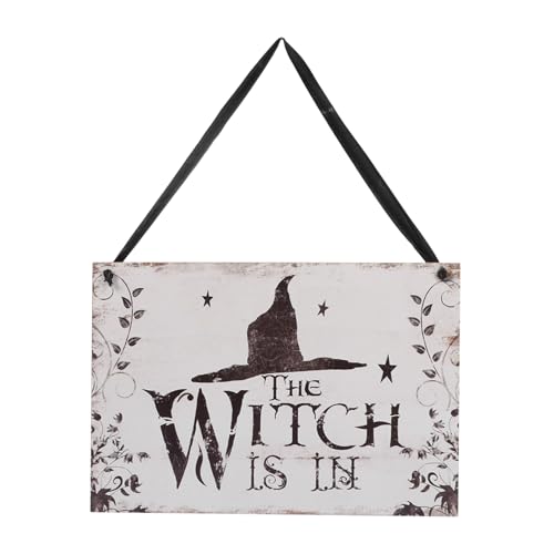 ifundom Halloween Hängeschild mit Aufschrift "The Witch is in", Holzschild zum Aufhängen für Dekorationen Fenster Bar Einkaufszentren, Halloween-Dekorationen Tür von ifundom