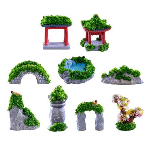 ifundom Miniatur-Feengarten-Zubehör 9-Teiliges Puppenhaus Outdoor-Mikrolandschaft DIY-Bastelset Teich Brücke Brunnen Pavillon Figuren Für Pflanzen Bonsai von ifundom