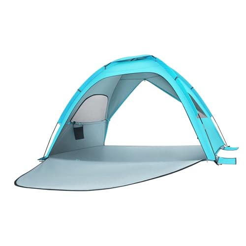 ifundom UPF Sonnenschutz Faltbares Strandzelt mit Doppel Tür Großes Windgeschütztes Familien Reisezelt Leichtes Campingzelt mit Belüftungswänden Tragbar Tragetasche Hellblau von ifundom