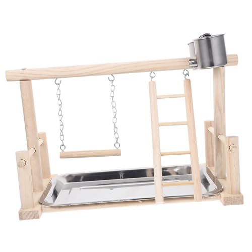 ifundom Vogelspielplatz Holzständer mit Schaukel und Futterbechern Kletter Trainingsrack für Wellensittiche Papageien Nymphensittiche Robust Handgefertigt Kratzfest Geeignet für Kleine von ifundom