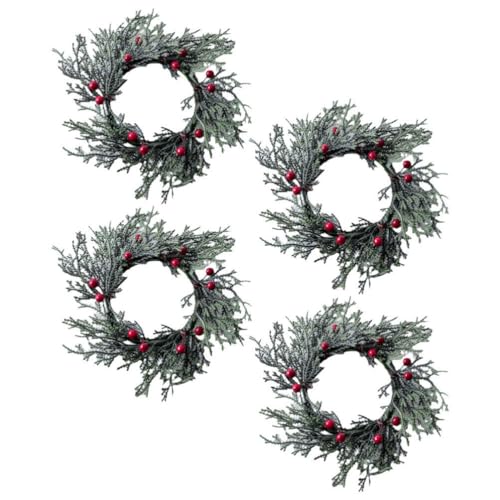 ifundom Weihnachtskranz-Kerzenringe 4 Stück Künstliche Rote Beeren Schneebedeckte Tannennadeln Girlande Weihnachten Adventskranz Ring Kerzenständer Säulen Kränze Herzstück Für Den Tisch von ifundom