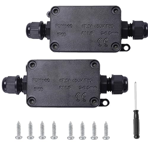 2Stk. IP66 wasserdichte Anschlussdose, 2 Wege Außenkabel Verbinder Verteilerdose, schwarze Verlängerungskabel Abzweigdose mit Verschraubungen für 3mm-8mm 6mm-10mm Kabelkabel von iguTrail