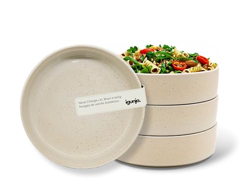 igunja Bowl Schüssel Pastateller Gr. XL Premium Steingut Geschirr Set beige [4 teilig-groß-1L Vol.] 100% Handfertigung Müslischale Ramen Schüssel Smoothie Bowl Suppenschüssel außen matt innen Glossy von igunja