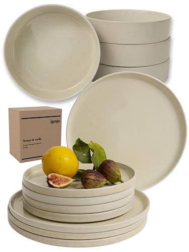 igunja Steingut Geschirrset 12 teilig für 4 Personen Premium Qualität spülmaschinenfest kratzfest [außen matt innen glossy] Tafelservice Geschirr Set Teller Set stylishes Design modern beige Geschirr von igunja