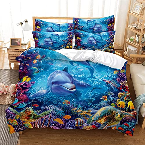 Bettwäsche 135x200 Kind Delphin, 3D Kind Delphin Bettwäsche-Sets Winter Weich Kuschelige Mikrofaser Bettwaren 1 x Bettbezug mit 2 x Kissenbezug 80x80 cm mit Reißveschluss von igyhuij