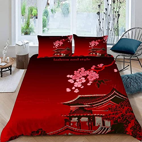 igyhuij Bettwäsche 135x200 Rot Japanisch, 3D Rot Japanisch Bettwäsche-Sets Winter Weich Kuschelige Mikrofaser Bettwaren 1 x Bettbezug mit 2 x Kissenbezug 80x80 cm mit Reißveschluss von igyhuij