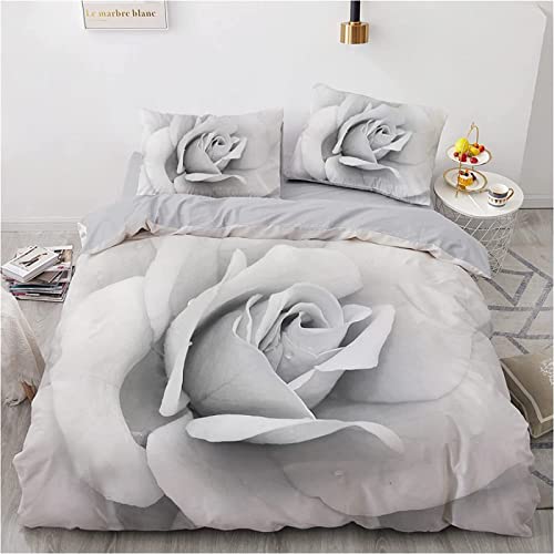 Bettwäsche 135x200 Weiße Rose, 3D Weiße Rose Bettwäsche-Sets Winter Weich Kuschelige Mikrofaser Bettzeug Set 1 x Bettbezug mit 2 x Kissenbezug 80x80 cm mit Reißveschluss von igyhuij