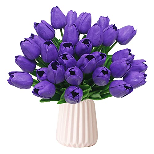 ihreesy 20 Stück Künstliche Tulpen, Gefälschte Blume Tulpe Künstliche Blumen Fühlen Sich echt anBlumendekoration Tulpen-Blumenstrauß Faux PU Tulpen für Zuhause Hochzeit Party Dekoration,Lila von ihreesy