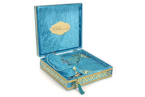 ihvan online Luxuriöse islamische Gebetsbox mit Samtbezug, 4-teiliges Set mit elegantem Koran und Gebetsperlen, Tesbih & Gebetsteppich, Ramadan & Eid Geschenk, Petroleum von ihvan online