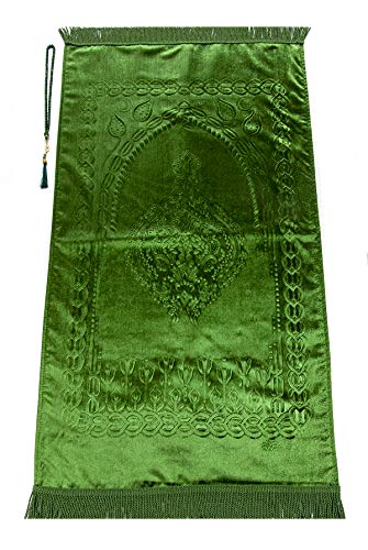 ihvan online Luxus Silky Velvet muslimischen Gebetsteppich | Janamaz | Sajadah | Weiche islamischen Gebetsteppich | Islamischer Ramadan Eid Geschenke | Gebet Teppich Matte, Grün von ihvan online