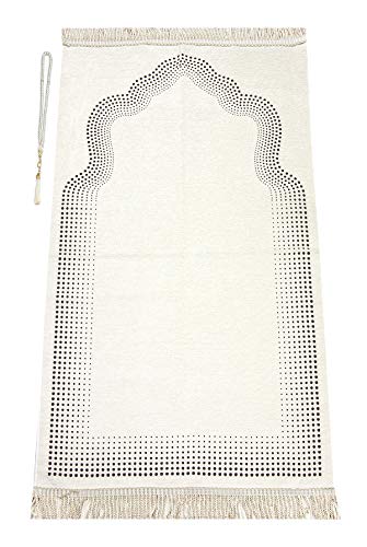 Muslimischer Gebetsteppich mit Gebetskette | Janamaz | Sajadah | Soft-islamischer Gebetsteppich mit Mihrab-Design | Islamische Geschenke | Gebet Teppich Matte, Chenillegewebe, Sahne von ihvan online