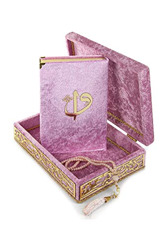 Spezielle elegante Samt bedeckte dekorative Box, Samt überdachter Quran-Buch in Arabisch- und Gebetsperlen, muslimisches Haus & Tischdekor, perfekte islamische Ramadan Eid-Geschenke, Rosa von ihvan online