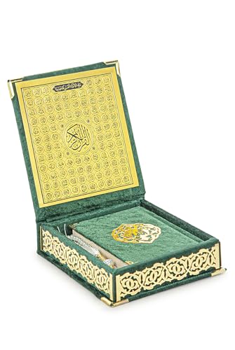 ihvan online, Koran Set, Islamisches Gebetsgeschenkset, Taschengroßem mit Samt bezogenem Qur'an, Tesbih, Innerer Deckel Namen Allahs (Asmaul Husna), 3 Stücke für Ramadan Eid Geschenke, Grün von ihvan online