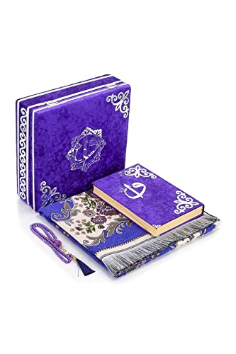 ihvan online Luxuriöse islamische Gebetsbox mit Samtüberzug, 4-teiliges Deluxe-Set mit elegantem, mit Samt überzogenem Koran und Gebetsperlen Tesbih und Gebetsteppich, Ramadan- und Eid-Geschenk, Lila von ihvan online
