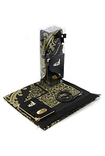 ihvan online TAFT Stoff Muslim Gebet Teppich & Samt bedeckte Yaseen Surah Taschenforme Buch- und Gebetsperlen mit besonderem transparenten Boxed, Perfekter islamischer Ramadan Eid Geschenke, schwarz von ihvan online