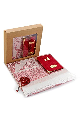 ihvan online TAFT Stoff muslimischen Gebetsteppich & Samtbezogene Yaseen Sura Bag-Größe Book & Kristallgebetskette Set mit Kraft Boxed Perfect islamischen Ramadan Eid Geschenke, Red von ihvan online