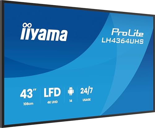 iiyama Prolite LH4364UHS-B1AG 108cm 43" Digital Signage Display VA LED Panel 4K UHD HDMI USB-C USB2.0 RS-232c RJ45 Android 14 OS iiSignage² WiFi Mediaplayer 24/7 AntiGlare schwarz von iiyama