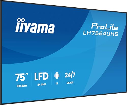 iiyama Prolite LH7564UHS-B1AG 189.5cm 75" Digital Signage Display VA LED Panel 4K UHD HDMI USB-C USB2.0 RS-232c RJ45 Android 14 OS iiSignage² WiFi Mediaplayer 24/7 AntiGlare schwarz von iiyama
