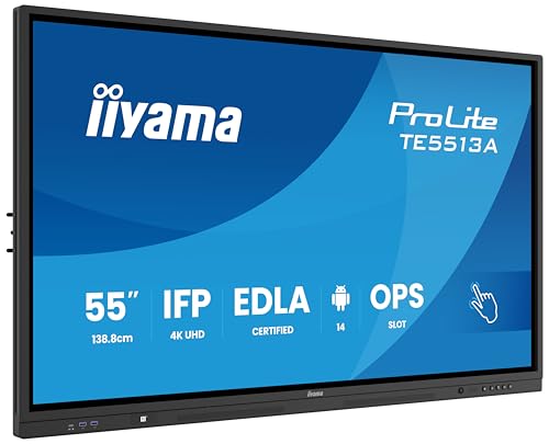 iiyama Prolite TE5513A-B1AG 138.8cm 54.6" IPS LED Large Format Display 4K UHD 40 Touchpunkte PureTouch-IR⁺ HDMI DP USB-C USB3.2 RS-232c RJ45 HDMI-Out 7H OPS WiFi Android 14 OS iiControl NFC AntiGlare von iiyama