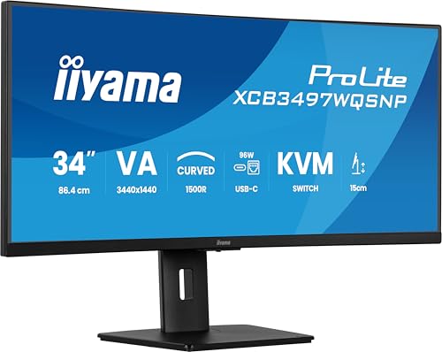 iiyama Prolite XCB3497WQSNP-B1 Curved 1500R 86.7cm 34 Zoll VA LED-Monitor UWQHD HDMI DP USB3.2 USB-C Dock 95W RJ45 KVM-Switch Höhenverstellung Adaptive Sync schwarz von iiyama
