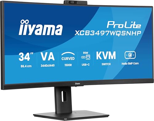 iiyama Prolite XCB3497WQSNPH-B1 Curved 1500R 86.7cm 34“ VA LED-Monitor UWQHD HDMI DP-in/Out DaisyChain USB3.2 USB-C Dock 95W RJ45 (LAN) KVM Höhenverstellung Adaptive Sync Windows Hello Webcam schwarz von iiyama