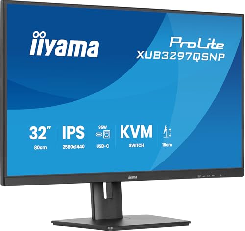 iiyama Prolite XUB3297QSNP-B1 80cm 32" IPS LED-Monitor QHD 100Hz HDMI DP-in/Out DaisyChain USB3.2 USB-C Dock 95W RJ45 (LAN) KVM-Switch Höhenverstellung Pivot AdaptiveSync schwarz von iiyama