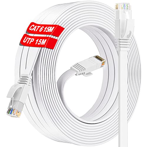 LAN Kabel 15 Meter, Cat 6 Netzwerkkabel 15m Hochgeschwindigkeits Ethernet Kabel Flach Weiß, Indoor Gigabit RJ45 Internet Patchkabel 1000Mbps 250MHz Wasserdicht Datenkabel für Router Modem (15 Clips) von ikbc