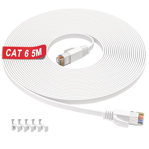 LAN Kabel 5meter, Netzwerkkabel 5m Flach Cat 6 Hochgeschwindigkeits 1000Mbps 250MHz, Indoor Kabel RJ45 5m Weiß Ethernet Kabel, Gigabit Internet Kabel UTP Datenkabel für Router Switch PS4/5 (5 Clips) von ikbc