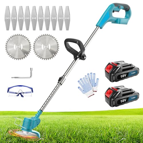 Akku-Rasenmäher für Makita, Kabelloser Rasenmäher mit 12 Messern, 2-in-1 Elektrischer Multifunktions-Grass Trimmer/Kantenschneider für Rasen Garten Beschneiden, 2 x 3000 mAh Akkus und Ladegerät von ikeborm