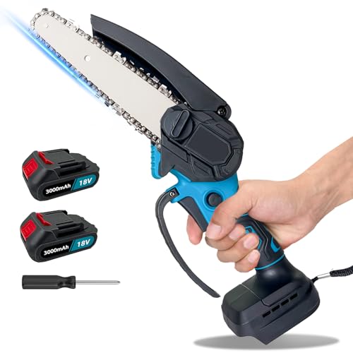 Mini Kettensäge Mit Akku 6000mAh, 6 Zoll Mini Kettensäge Elektro für Makita, Elektro-Handkettensäge für Gartenscheren Astschere Holzschneidenz (2 * 3000mAh Akku) von ikeborm