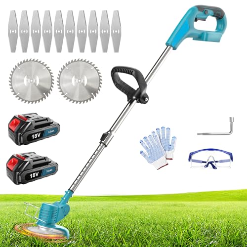 Rasentrimmer mit Akku, 2 * 3.0 Ah Akku Rasentrimmer, 2-in-1 Multifunktionsgerät Freischneider Akku kantenschneider Rasentrimmer, mit 2 Messerarten für Garten- und Hofrasenpflege von ikeborm