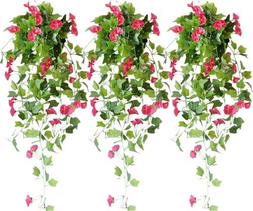 iksya Kunstblumen Hängend Blumen - 44 Bündel 39 in Kunstpflanze Hängend Petunie UV Beständig für die Veranda, Hof, Innengarten, Frühlings und Sommerdekor(Rose red,3PCS) von iksya