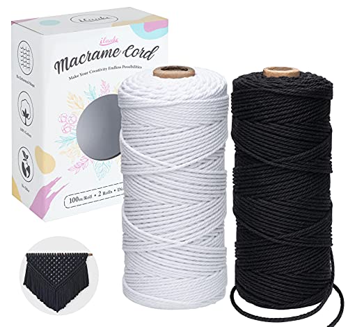 Makramee Garn 2er Set 2 mm x 100m Natürliches Baumwollgarn Makramee-Schnur Strick Baumwolle Kordel Baumwollkordel für DIY Handwerk Basteln Stricken Wandbehang Blumenampel Pflanze (Weiß +Schwarz) von ilauke