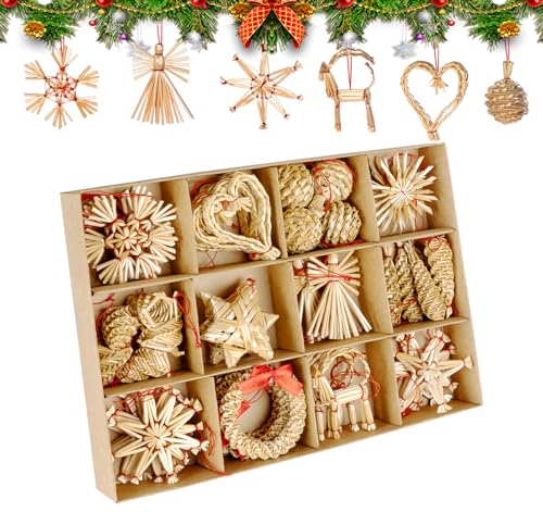 46 x Weihnachten Natur Strohsterne Set,Christbaumschmuck Stroh mit Natürlichen Akzenten,Handgemacht Weihnachtsbaum aus Stroh mit Schöner Box,Natürlicher Weihnachten Strohanhänger für Weihnachtsbaum von ilauke