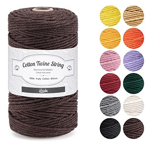 Braun Baumwollgarn 3mm,ilauke 100m Farbig Baumwollkordel,Natur Macrame Cord aus 4-lagig Naturliches Baumwolle Garn für Wand Aufhängung Pflanze Aufhänger,Kordel DIY Handwerk Basteln Katzenhängematte von ilauke