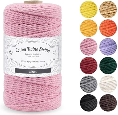 Macrame Cord 3mm,ilauke 100m Farbig Baumwollkordel,Natur Baumwollgarn aus 4-lagig Baumwollschnur Makramee für Makramee Traumfänger, Wandbehang Feder, Pflanzenaufhänger und Geschenkverpackungen,Rosa von ilauke